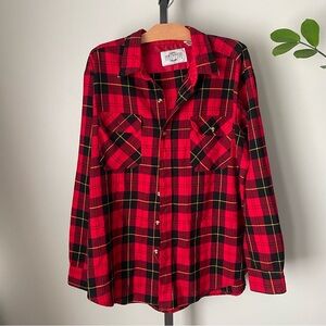 Vintage Northwest Territories Plaid Tartan Red Black Mens Grunge Button Down